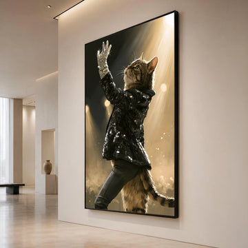 Glamorous Cat Performance Canvas, Sparkling Glove Wall Art, Stage Spotlight Canvas, Animal Portrait Decoration, Elegant Canvas Print Art