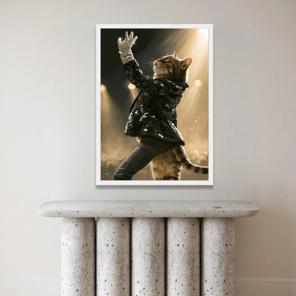 Glamorous Cat Performance Canvas, Sparkling Glove Wall Art, Stage Spotlight Canvas, Animal Portrait Decoration, Elegant Canvas Print Art