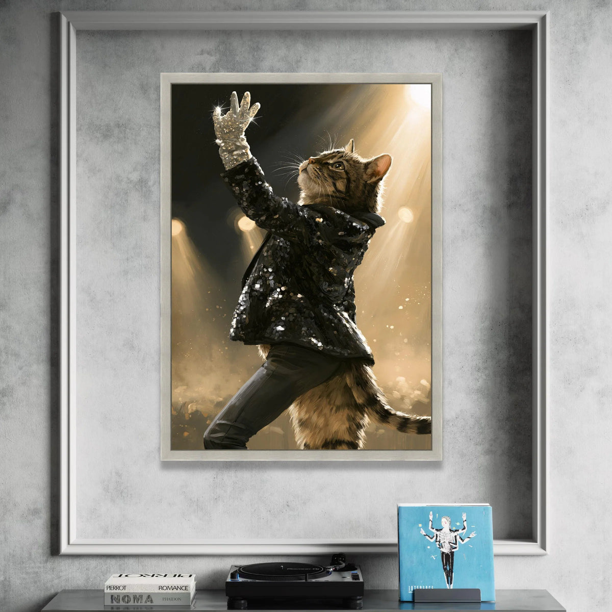 Glamorous Cat Performance Canvas, Sparkling Glove Wall Art, Stage Spotlight Canvas, Animal Portrait Decoration, Elegant Canvas Print Art