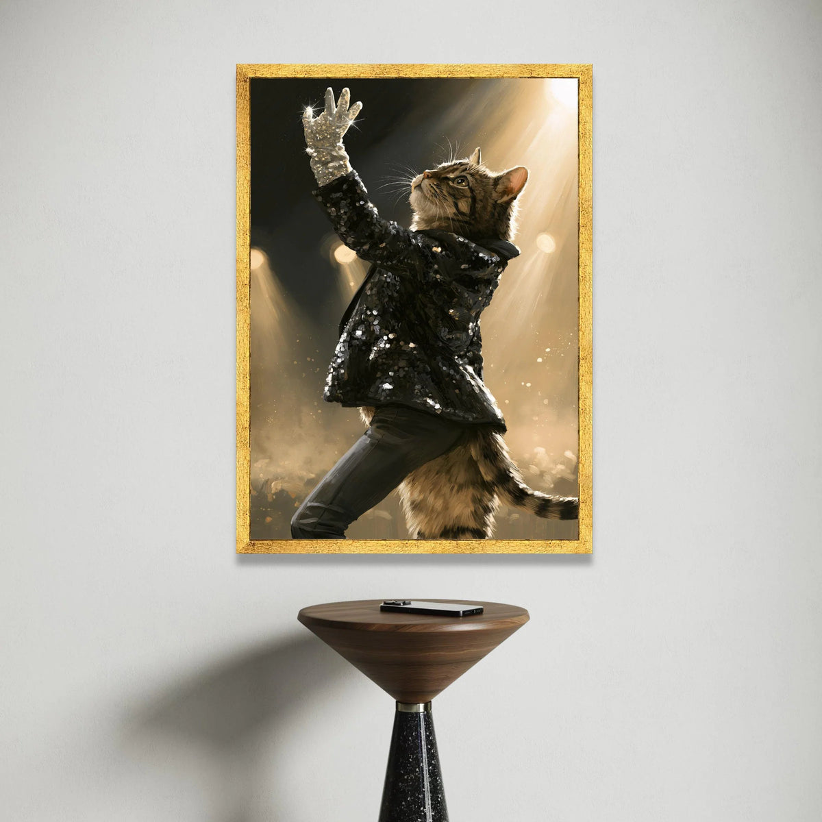 Glamorous Cat Performance Canvas, Sparkling Glove Wall Art, Stage Spotlight Canvas, Animal Portrait Decoration, Elegant Canvas Print Art