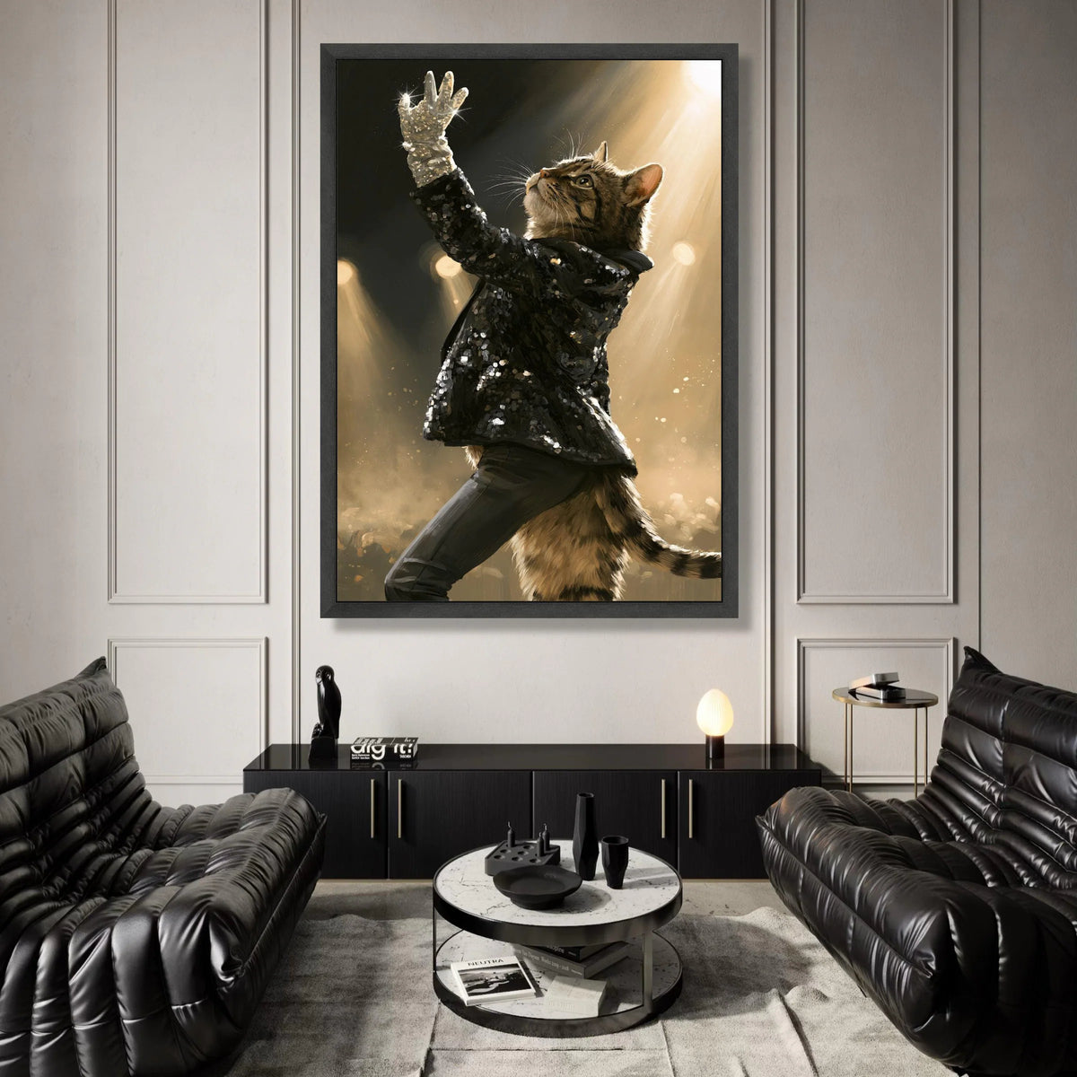Glamorous Cat Performance Canvas, Sparkling Glove Wall Art, Stage Spotlight Canvas, Animal Portrait Decoration, Elegant Canvas Print Art