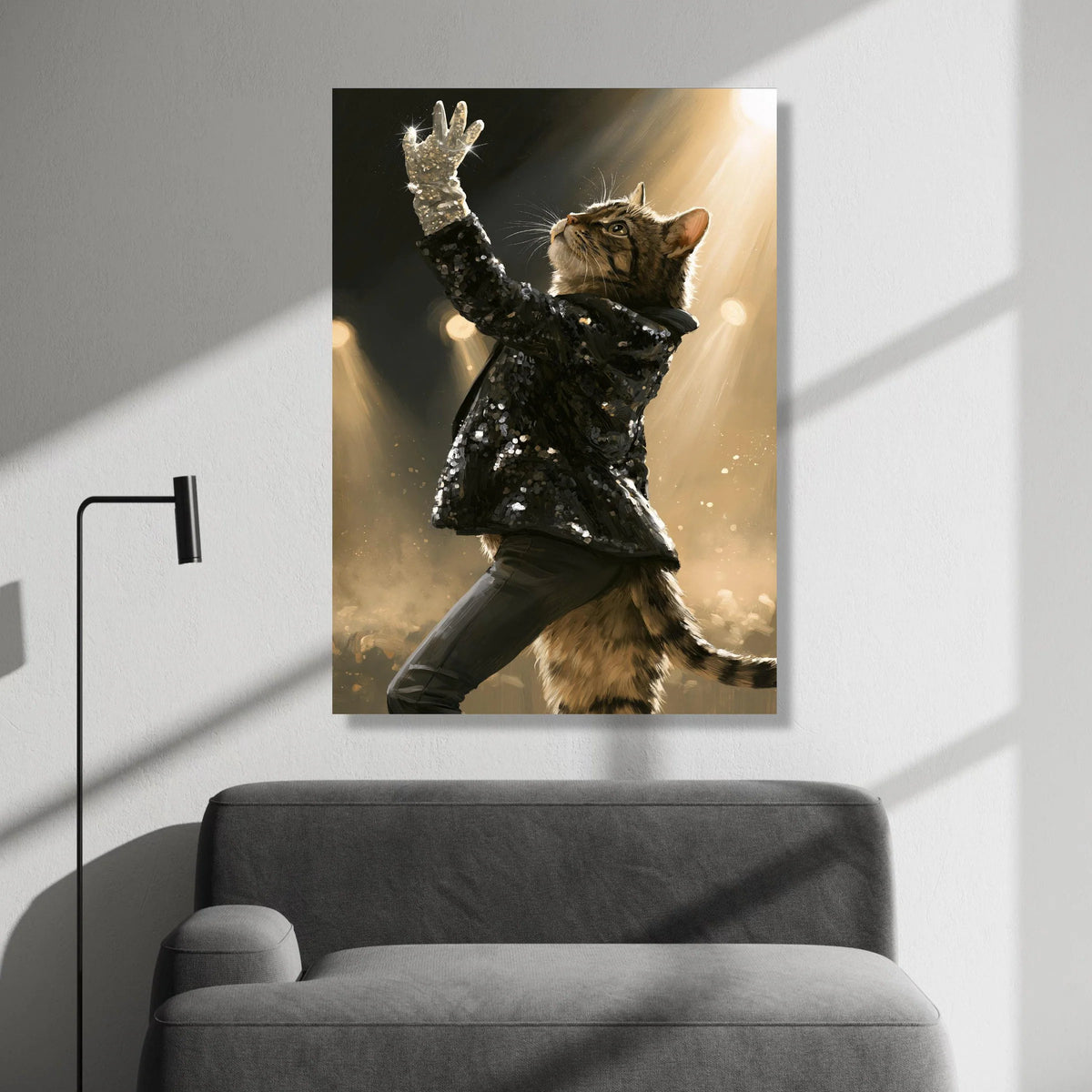 Glamorous Cat Performance Canvas, Sparkling Glove Wall Art, Stage Spotlight Canvas, Animal Portrait Decoration, Elegant Canvas Print Art