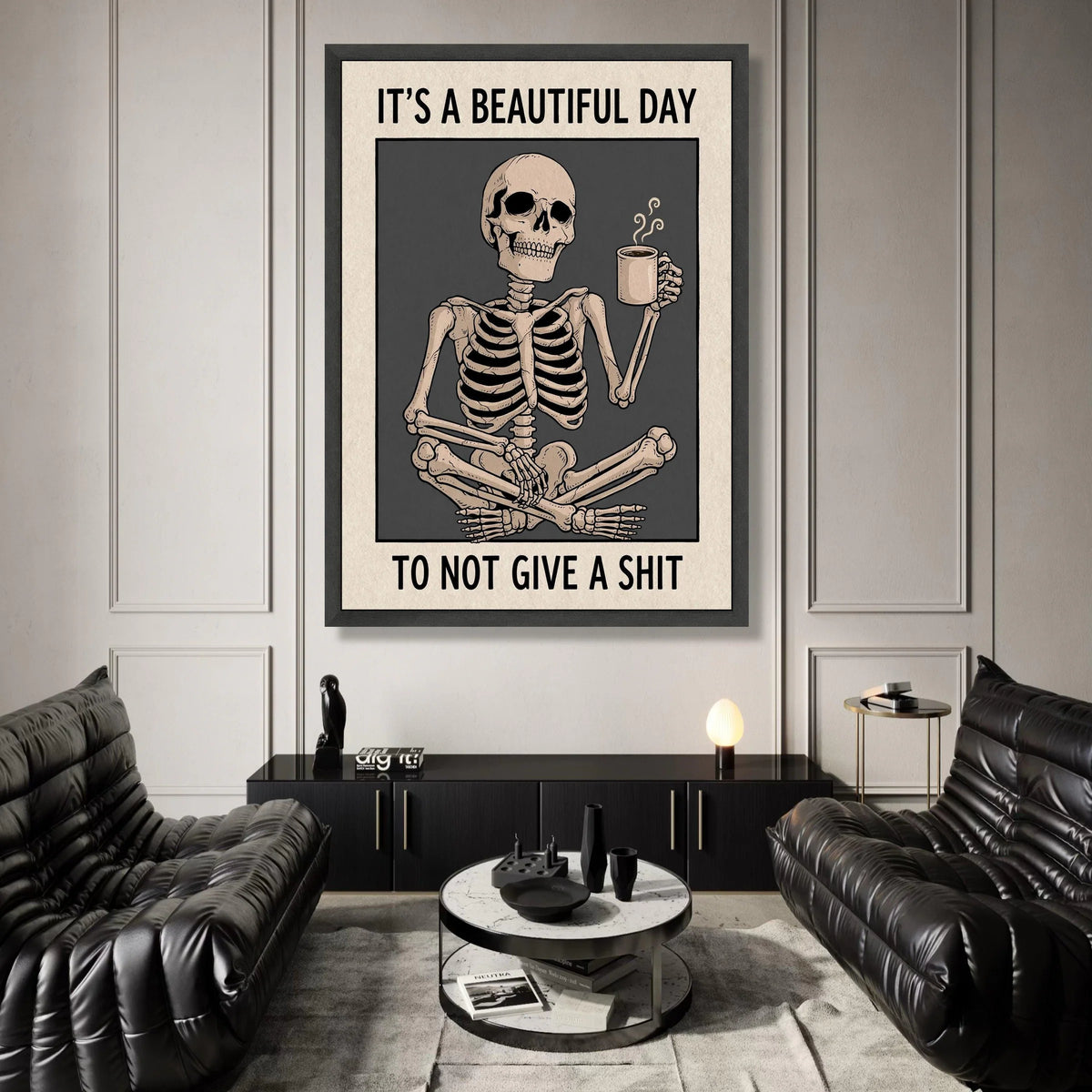 Relaxed Skeleton with Coffee Mug Canvas Wall Art, Funny Sarcastic Quote, Humorous Home Decor, Dark Humor Canvas Poster, Canvas Print Art