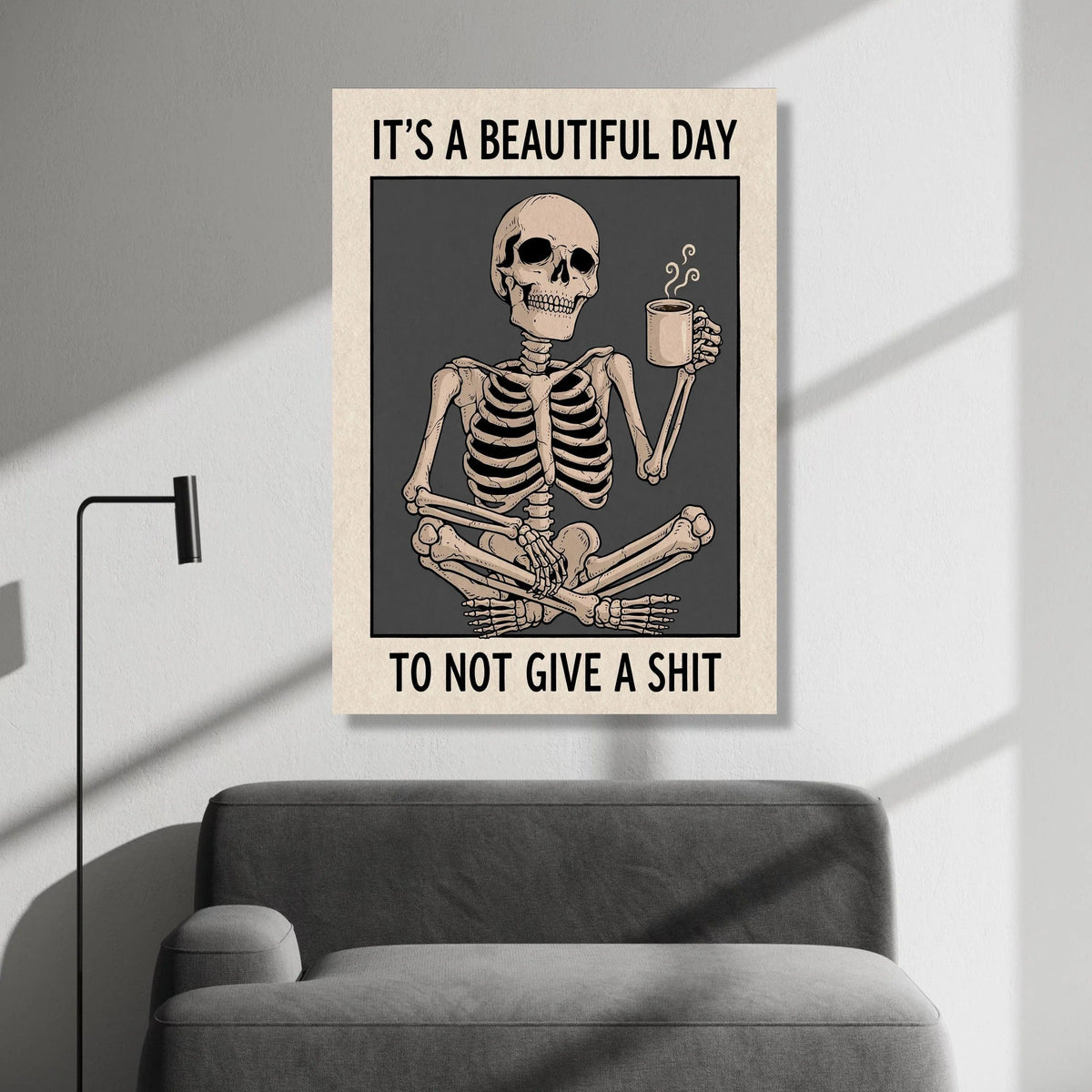 Relaxed Skeleton with Coffee Mug Canvas Wall Art, Funny Sarcastic Quote, Humorous Home Decor, Dark Humor Canvas Poster, Canvas Print Art