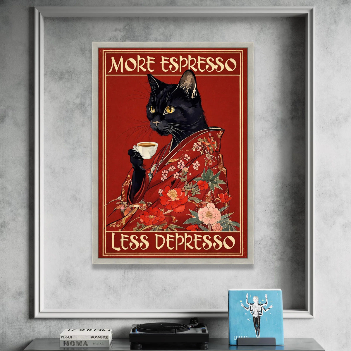 Black Cat Floral Kimono with Coffee Cup, More Espresso Less Depresso Canvas Wall Art, Vintage Cat Coffee Poster, Humorous Canvas Print Art
