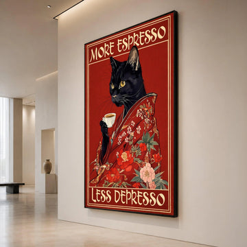 Black Cat Floral Kimono with Coffee Cup, More Espresso Less Depresso Canvas Wall Art, Vintage Cat Coffee Poster, Humorous Canvas Print Art
