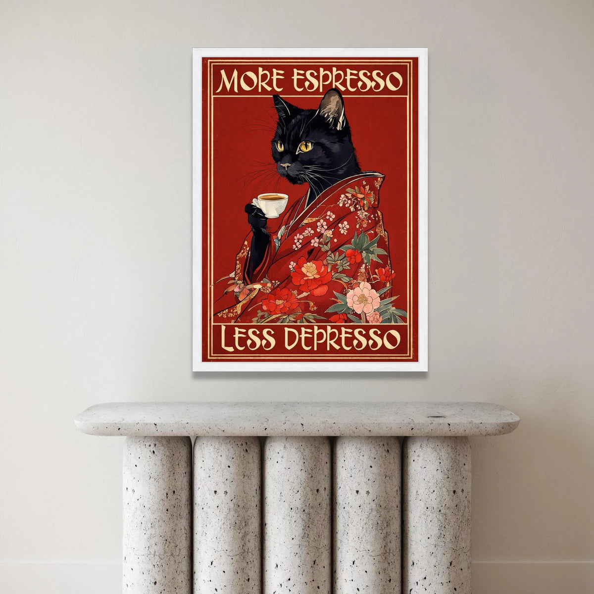 Black Cat Floral Kimono with Coffee Cup, More Espresso Less Depresso Canvas Wall Art, Vintage Cat Coffee Poster, Humorous Canvas Print Art
