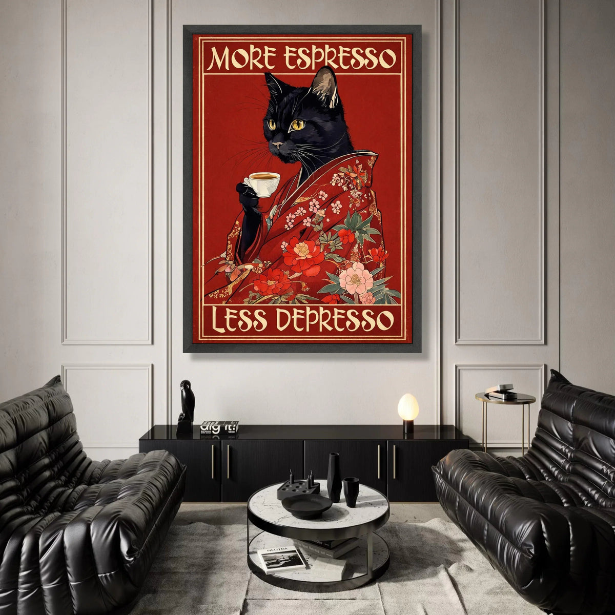 Black Cat Floral Kimono with Coffee Cup, More Espresso Less Depresso Canvas Wall Art, Vintage Cat Coffee Poster, Humorous Canvas Print Art