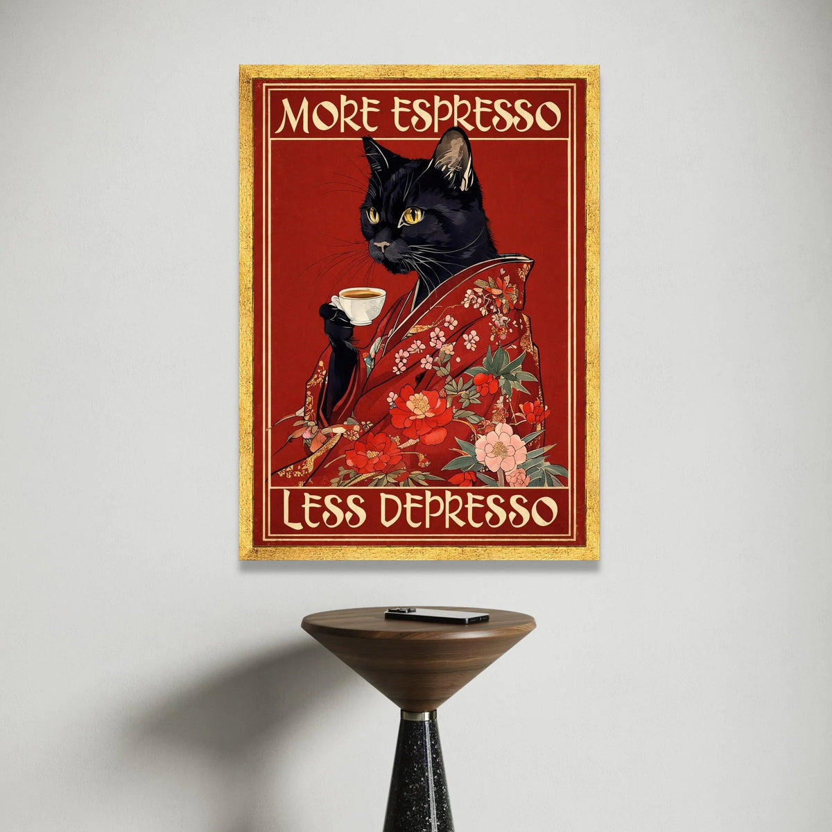 Black Cat Floral Kimono with Coffee Cup, More Espresso Less Depresso Canvas Wall Art, Vintage Cat Coffee Poster, Humorous Canvas Print Art