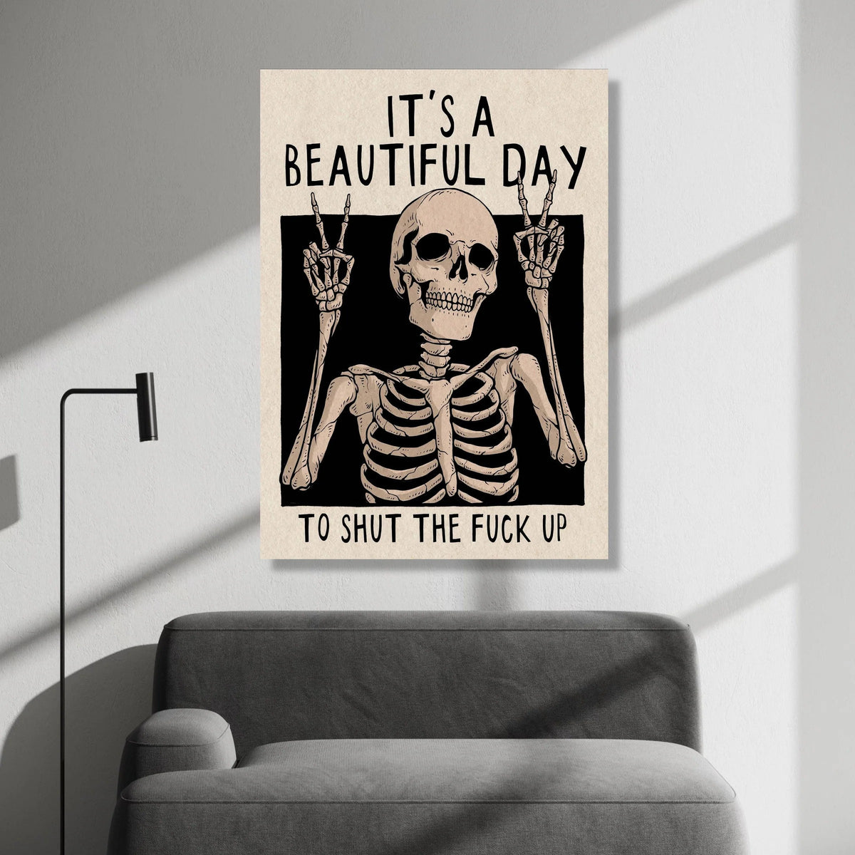 Skeletal Peace Sign Canvas Wall Art, Motivational Dark Humor Quote, Gothic Home Decor, Unique Skeleton Illustration, Bold Canvas Print Art