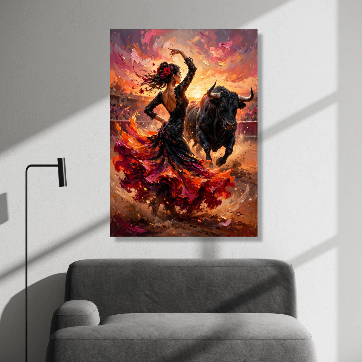 Flamenco Dancer and Charging Bull Canvas, Spanish Dance Wall Art, Passionate Fiesta Scene Canvas, Vibrant Culture Home Canvas Print Art