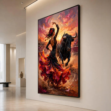 Flamenco Dancer and Charging Bull Canvas, Spanish Dance Wall Art, Passionate Fiesta Scene Canvas, Vibrant Culture Home Canvas Print Art