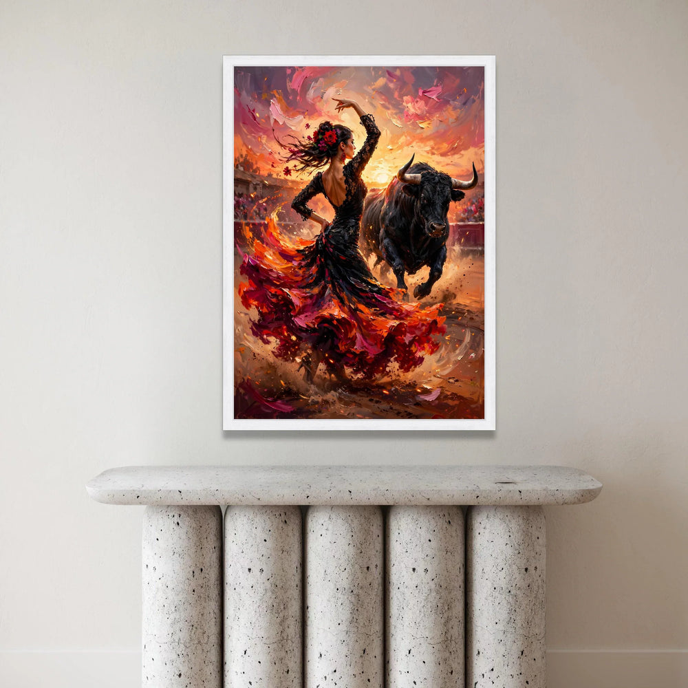 Flamenco Dancer and Charging Bull Canvas, Spanish Dance Wall Art, Passionate Fiesta Scene Canvas, Vibrant Culture Home Canvas Print Art
