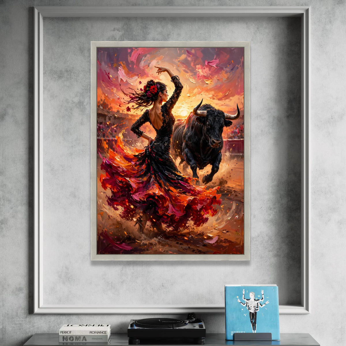 Flamenco Dancer and Charging Bull Canvas, Spanish Dance Wall Art, Passionate Fiesta Scene Canvas, Vibrant Culture Home Canvas Print Art