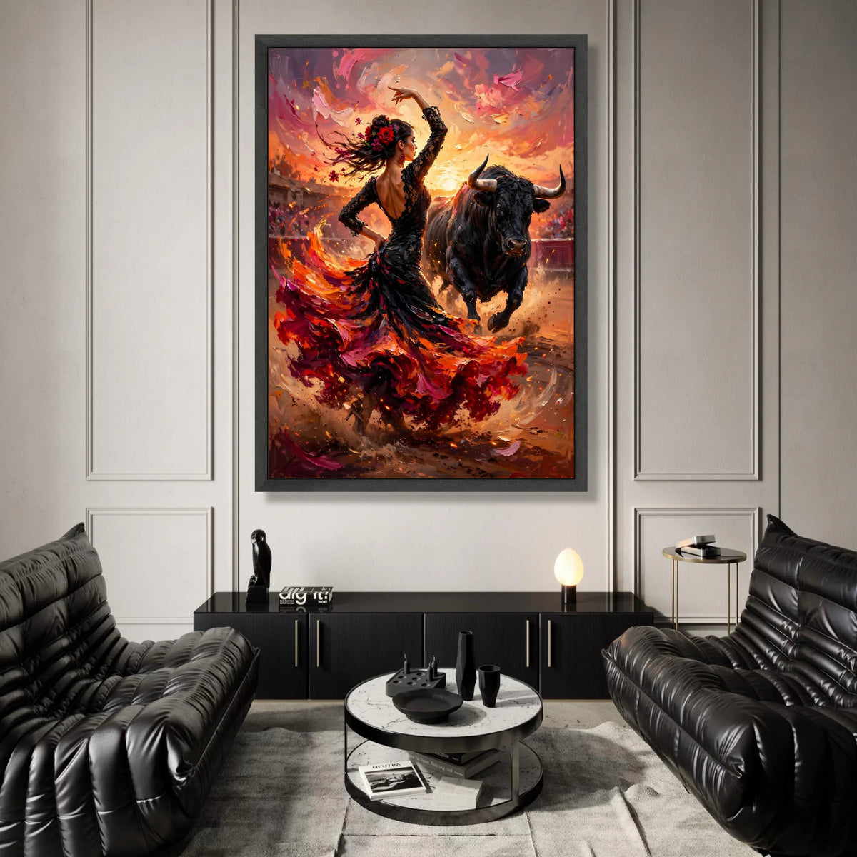 Flamenco Dancer and Charging Bull Canvas, Spanish Dance Wall Art, Passionate Fiesta Scene Canvas, Vibrant Culture Home Canvas Print Art