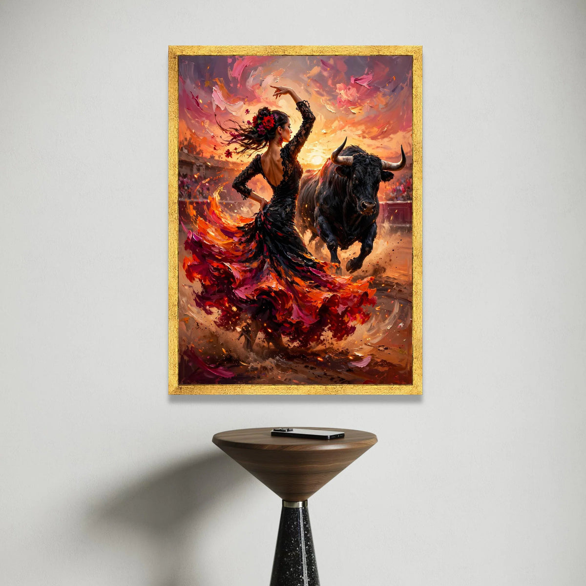 Flamenco Dancer and Charging Bull Canvas, Spanish Dance Wall Art, Passionate Fiesta Scene Canvas, Vibrant Culture Home Canvas Print Art