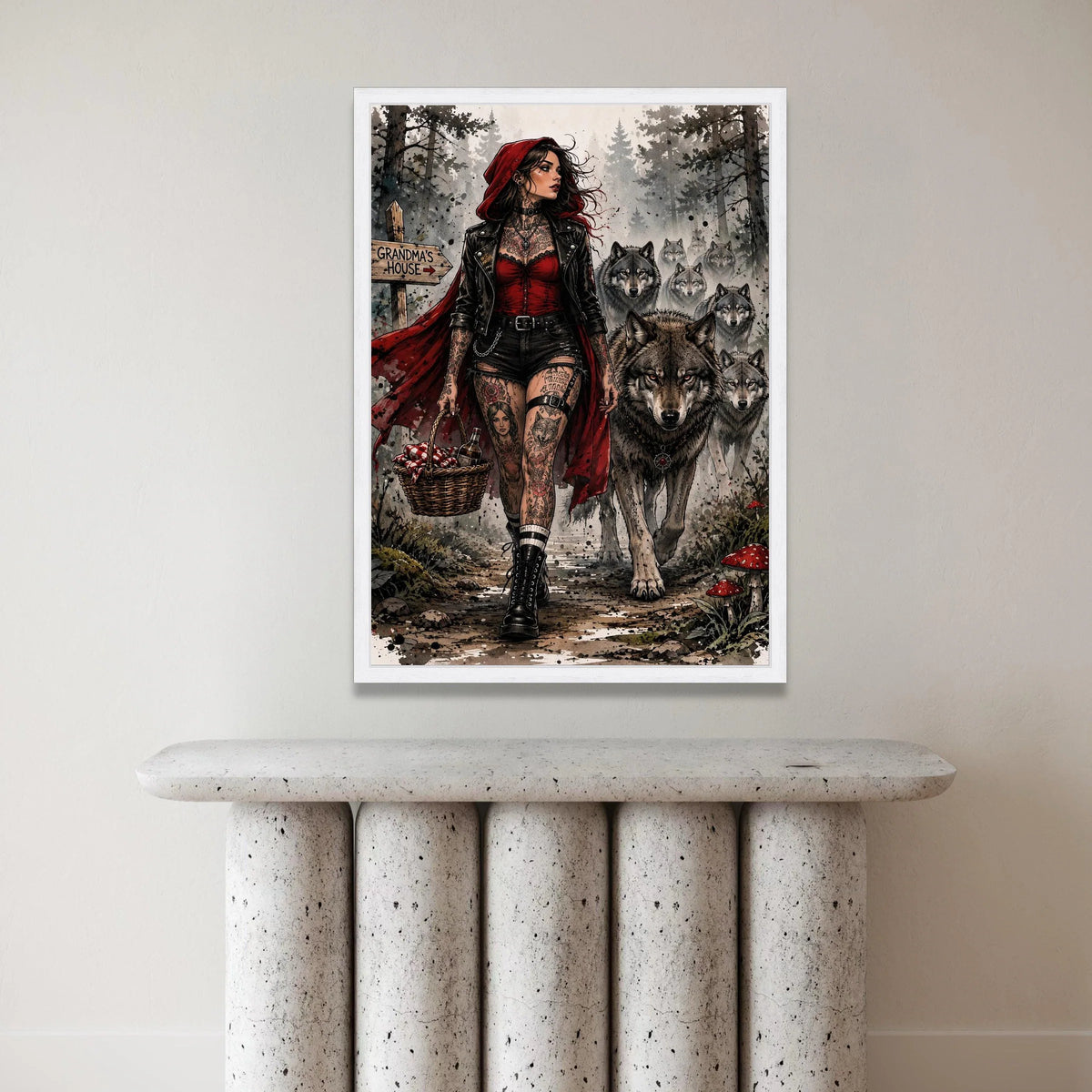 Modern Red Riding Hood Canvas, Dark Forest Wolves Art, Tattooed Woman Illustration, Gothic Fantasy Wall Art, Home Canvas Print Art