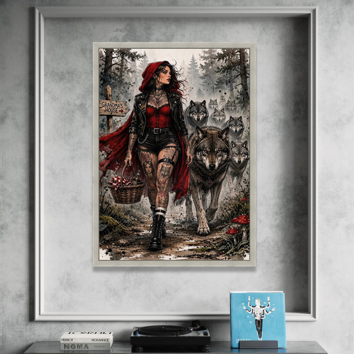 Modern Red Riding Hood Canvas, Dark Forest Wolves Art, Tattooed Woman Illustration, Gothic Fantasy Wall Art, Home Canvas Print Art
