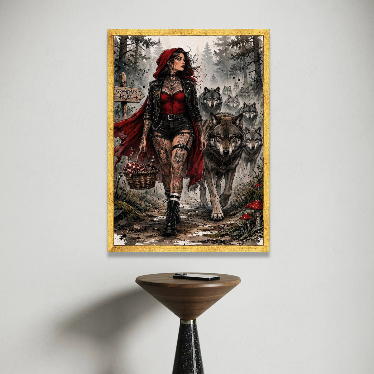 Modern Red Riding Hood Canvas, Dark Forest Wolves Art, Tattooed Woman Illustration, Gothic Fantasy Wall Art, Home Canvas Print Art