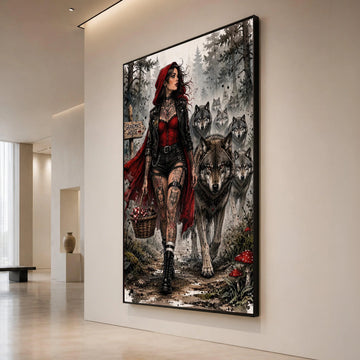 Modern Red Riding Hood Canvas, Dark Forest Wolves Art, Tattooed Woman Illustration, Gothic Fantasy Wall Art, Home Canvas Print Art
