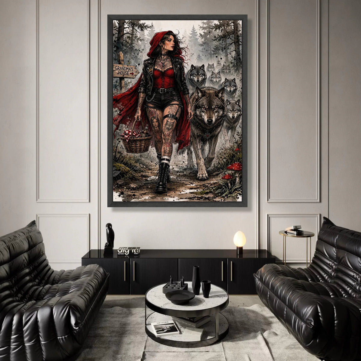 Modern Red Riding Hood Canvas, Dark Forest Wolves Art, Tattooed Woman Illustration, Gothic Fantasy Wall Art, Home Canvas Print Art