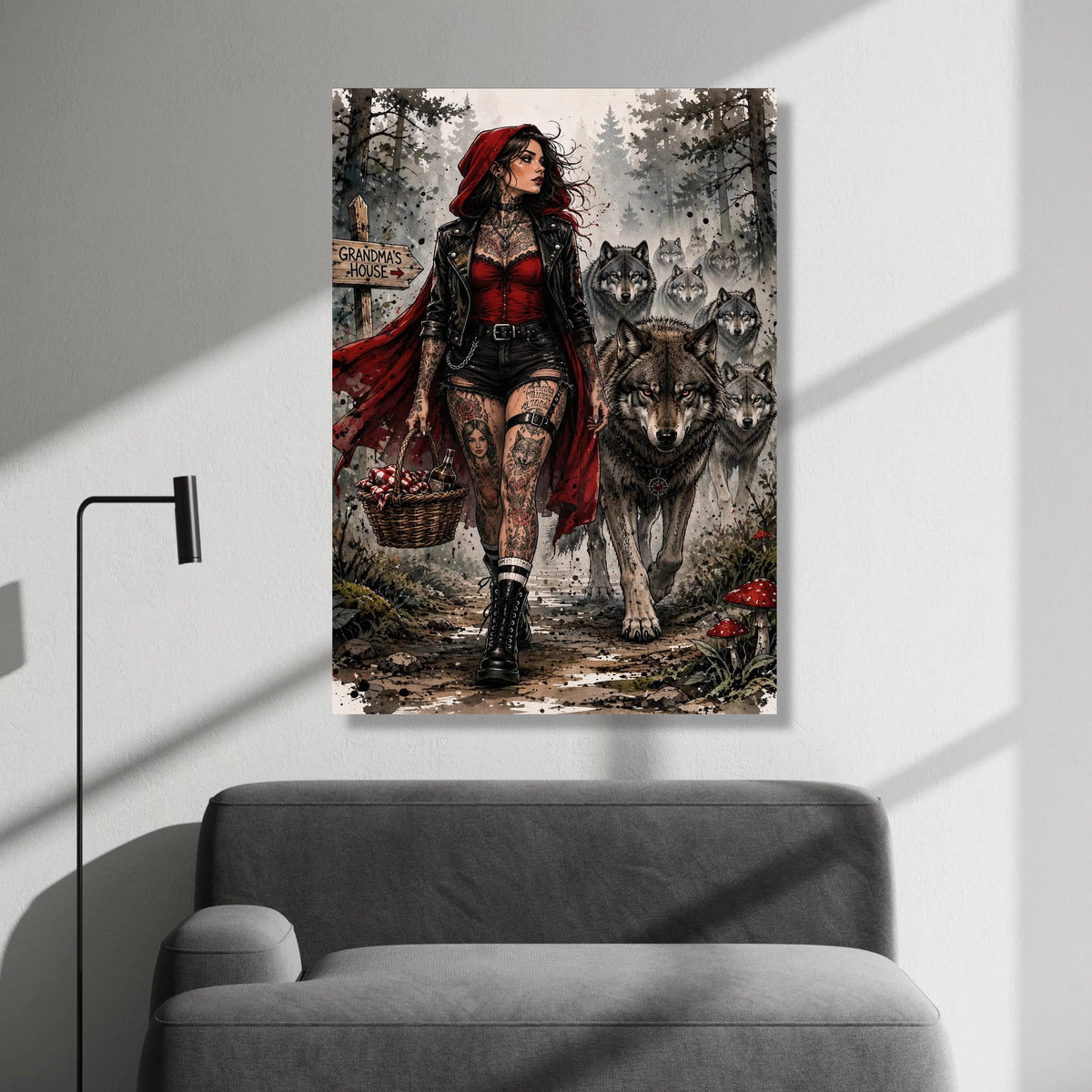 Modern Red Riding Hood Canvas, Dark Forest Wolves Art, Tattooed Woman Illustration, Gothic Fantasy Wall Art, Home Canvas Print Art