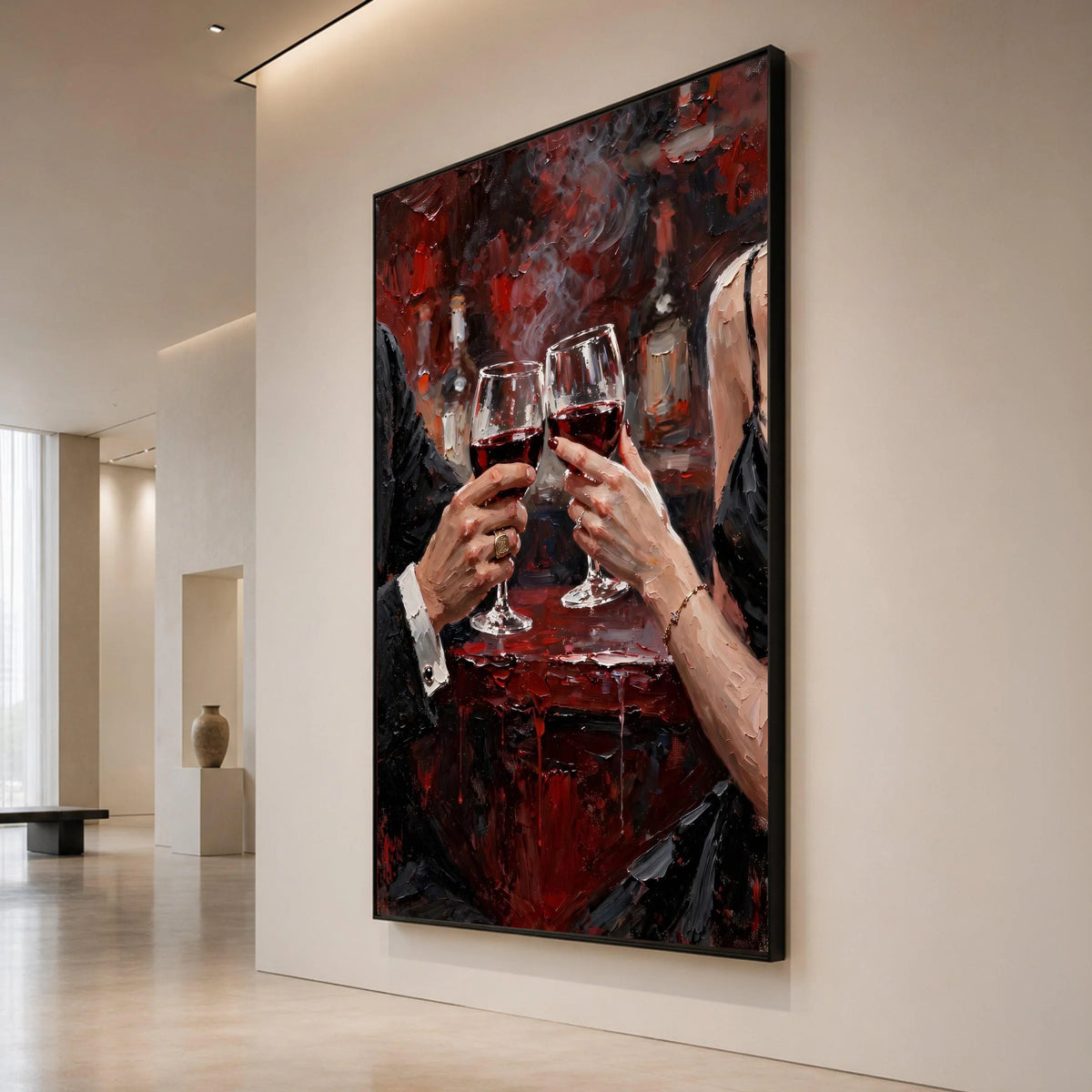 Romantic Red Wine Toast Canvas, Elegant Couple Celebration Wall Art, Intimate Dinner Scene, Luxury Bar Decor, Ready to Hang Canvas Print Art