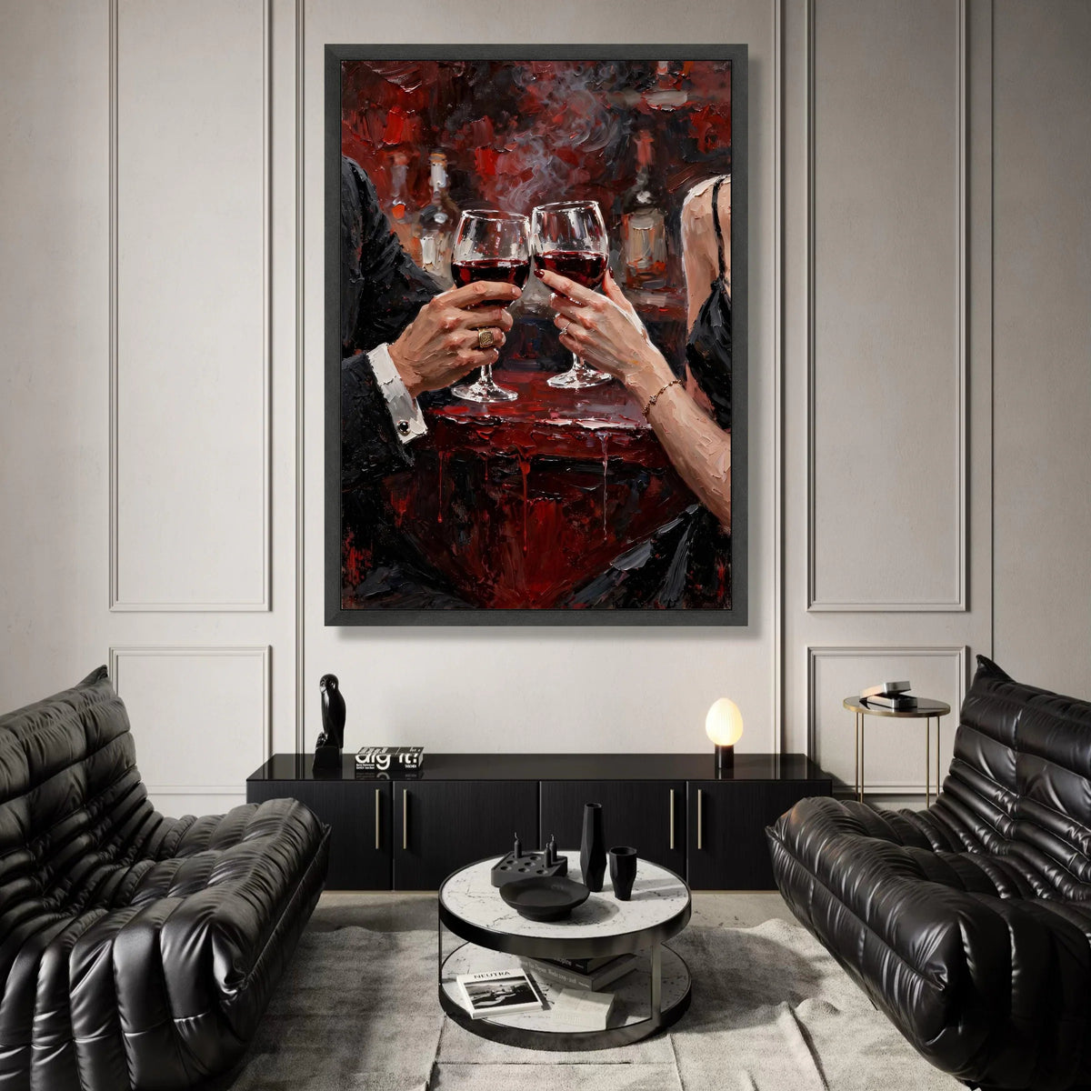 Romantic Red Wine Toast Canvas, Elegant Couple Celebration Wall Art, Intimate Dinner Scene, Luxury Bar Decor, Ready to Hang Canvas Print Art