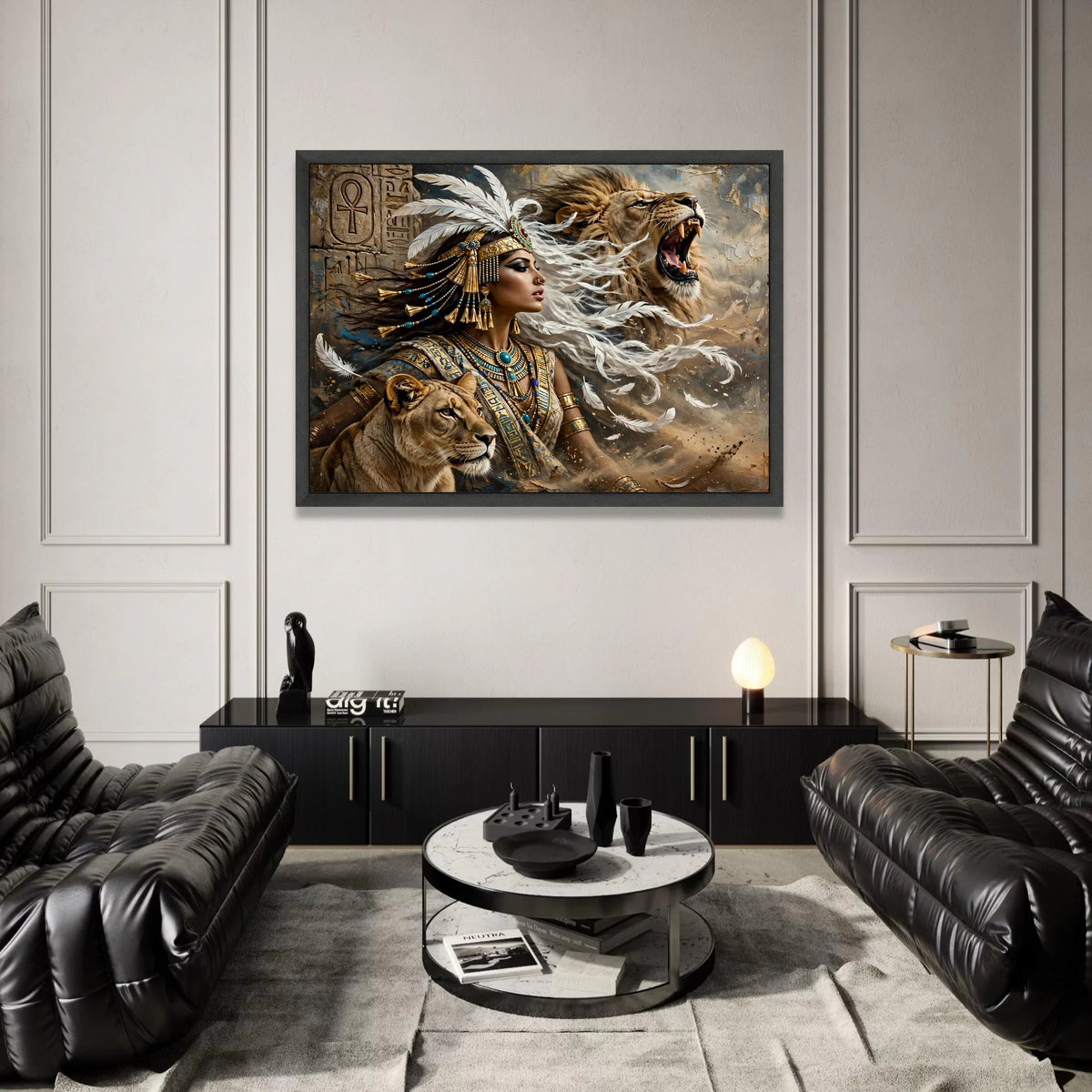 Egyptian Queen and Lions Canvas, Warrior Woman Wall Art, Ancient Egypt Canvas Print, Regal Animal Companion Decor, Mythical Canvas Print Art