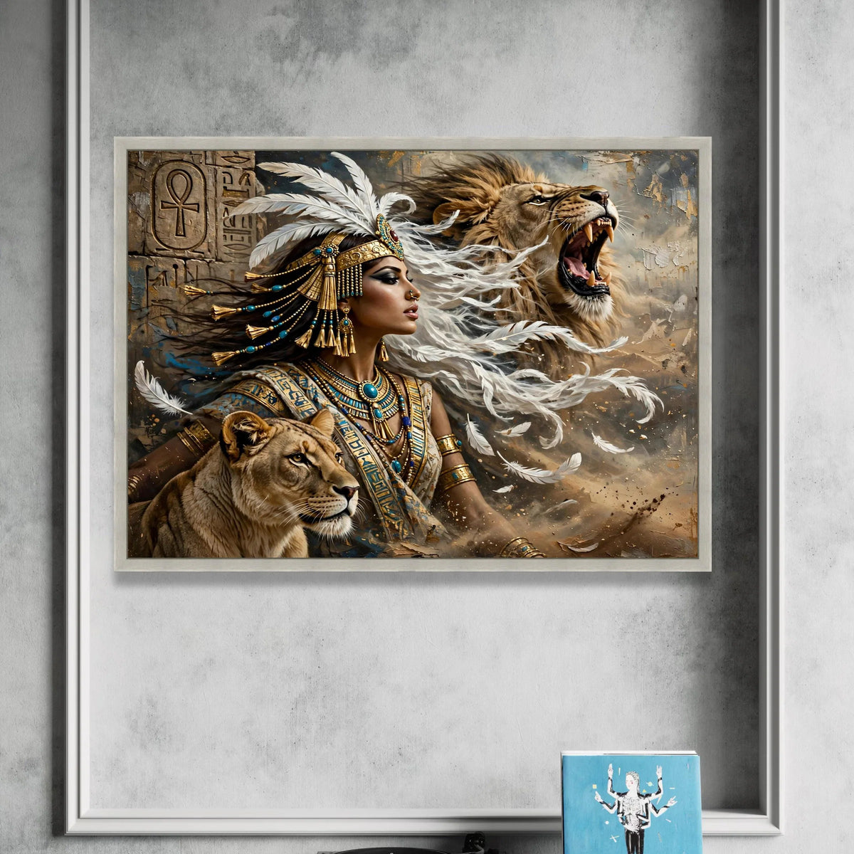 Egyptian Queen and Lions Canvas, Warrior Woman Wall Art, Ancient Egypt Canvas Print, Regal Animal Companion Decor, Mythical Canvas Print Art