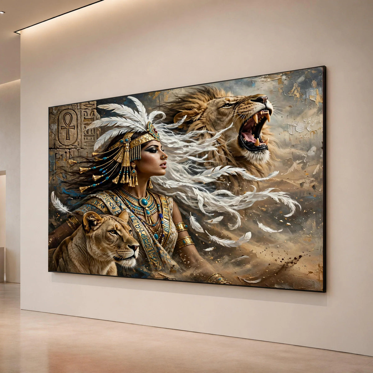 Egyptian Queen and Lions Canvas, Warrior Woman Wall Art, Ancient Egypt Canvas Print, Regal Animal Companion Decor, Mythical Canvas Print Art