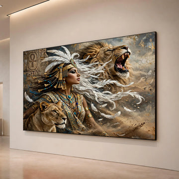 Egyptian Queen and Lions Canvas, Warrior Woman Wall Art, Ancient Egypt Canvas Print, Regal Animal Companion Decor, Mythical Canvas Print Art