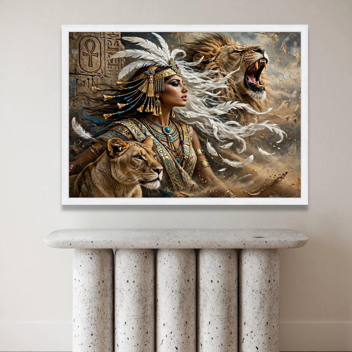 Egyptian Queen and Lions Canvas, Warrior Woman Wall Art, Ancient Egypt Canvas Print, Regal Animal Companion Decor, Mythical Canvas Print Art