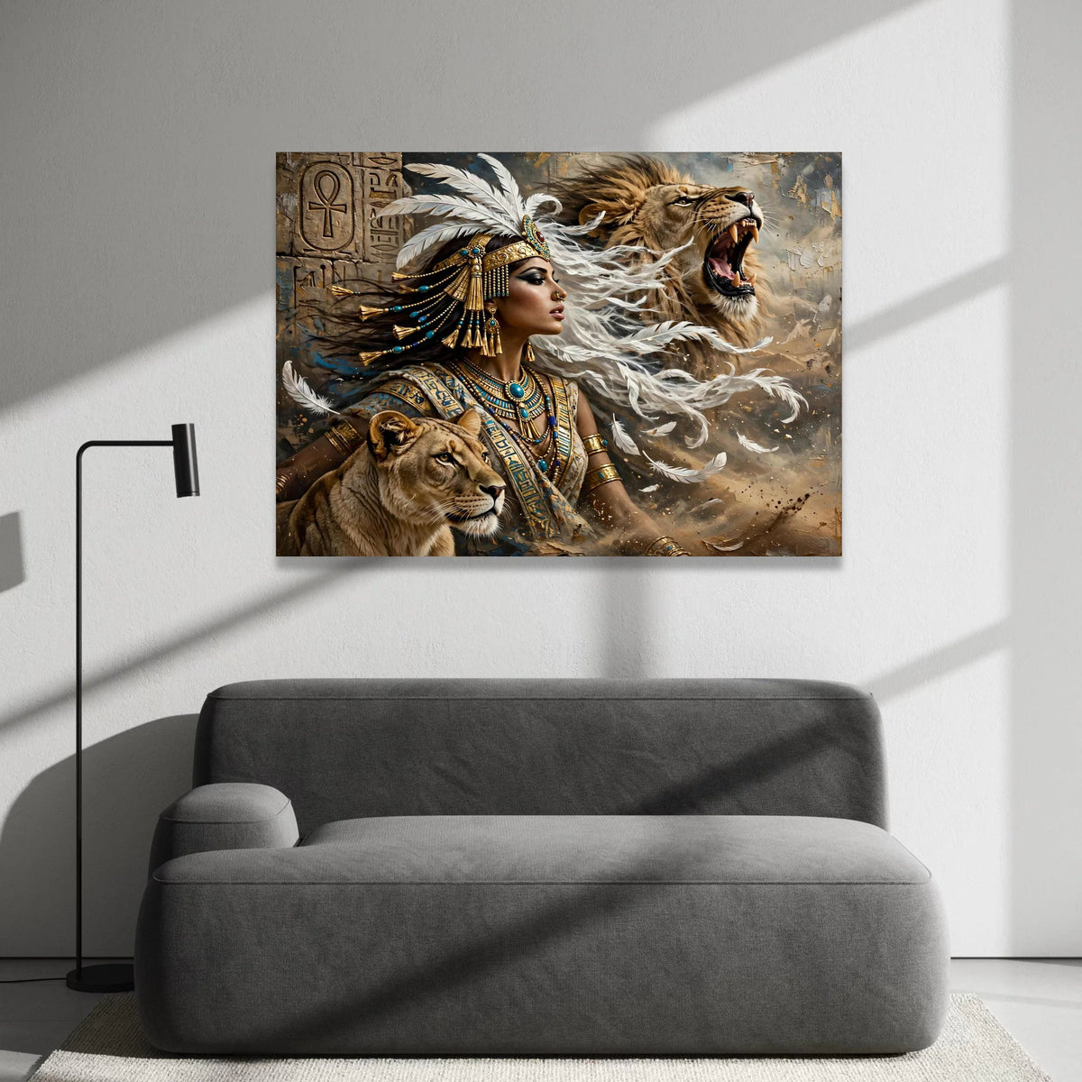 Egyptian Queen and Lions Canvas, Warrior Woman Wall Art, Ancient Egypt Canvas Print, Regal Animal Companion Decor, Mythical Canvas Print Art
