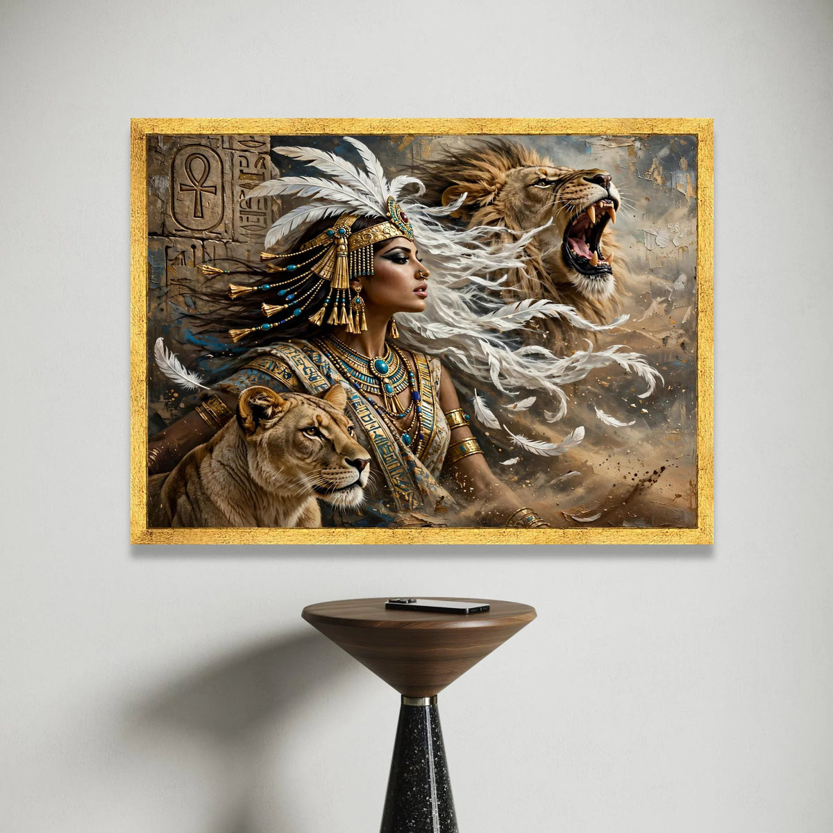 Egyptian Queen and Lions Canvas, Warrior Woman Wall Art, Ancient Egypt Canvas Print, Regal Animal Companion Decor, Mythical Canvas Print Art