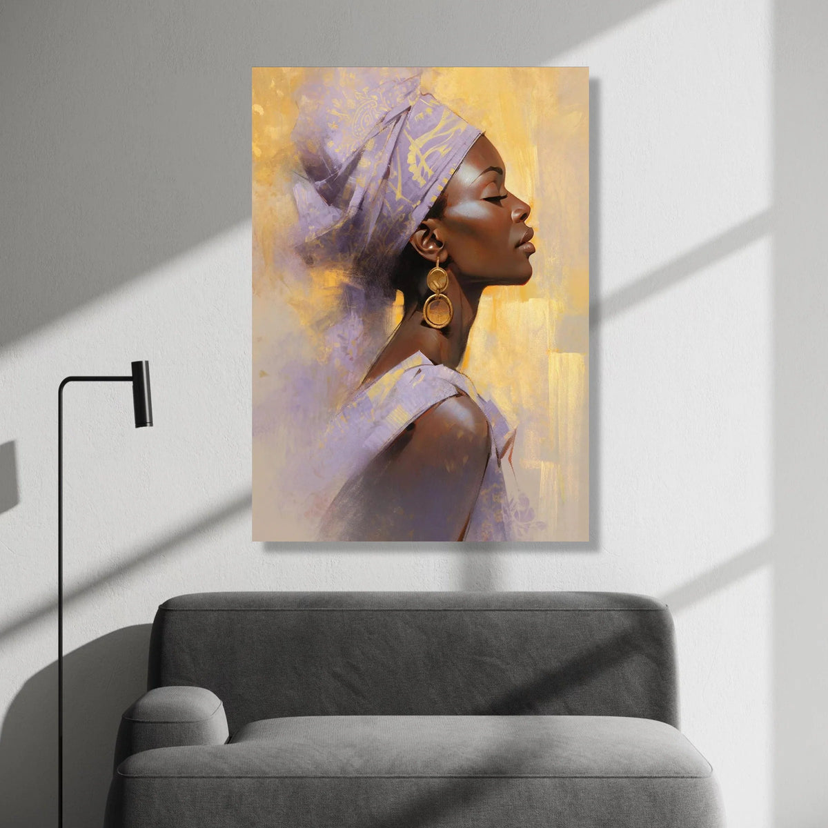 Elegant African Woman Profile Canvas, Ethnic Headwrap Art, Golden Earrings Portrait, Contemporary Wall Decoration, Modern Canvas Print Art