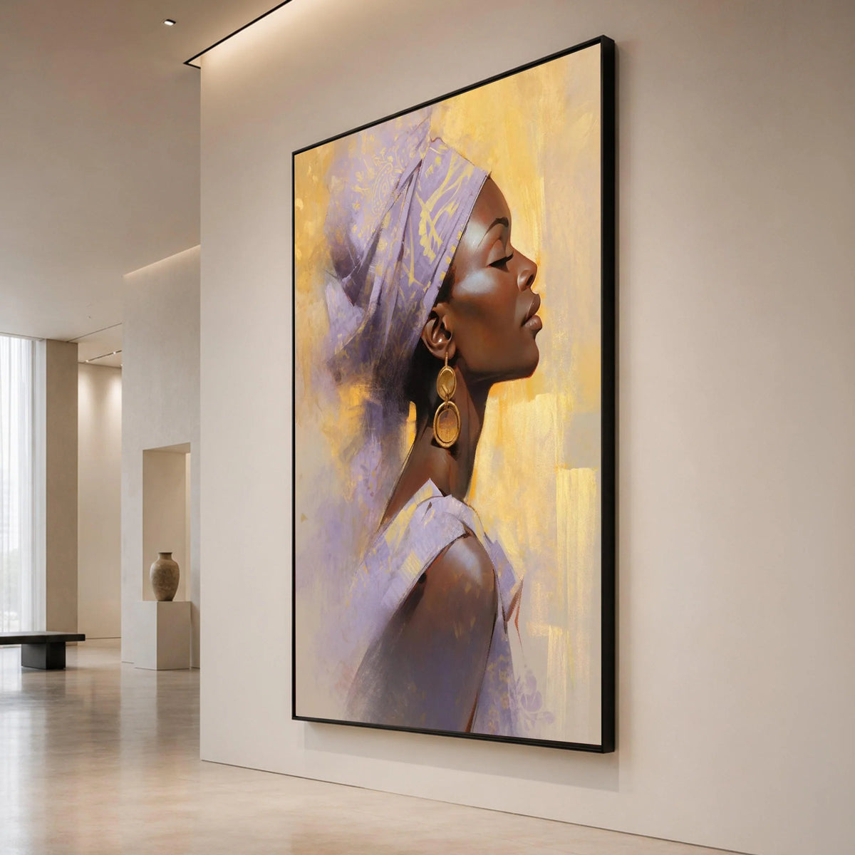 Elegant African Woman Profile Canvas, Ethnic Headwrap Art, Golden Earrings Portrait, Contemporary Wall Decoration, Modern Canvas Print Art