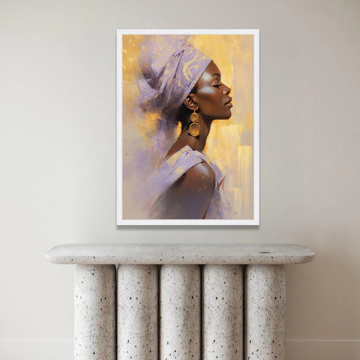 Elegant African Woman Profile Canvas, Ethnic Headwrap Art, Golden Earrings Portrait, Contemporary Wall Decoration, Modern Canvas Print Art