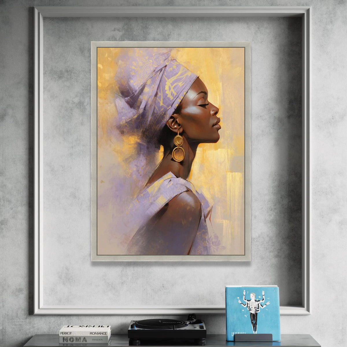 Elegant African Woman Profile Canvas, Ethnic Headwrap Art, Golden Earrings Portrait, Contemporary Wall Decoration, Modern Canvas Print Art
