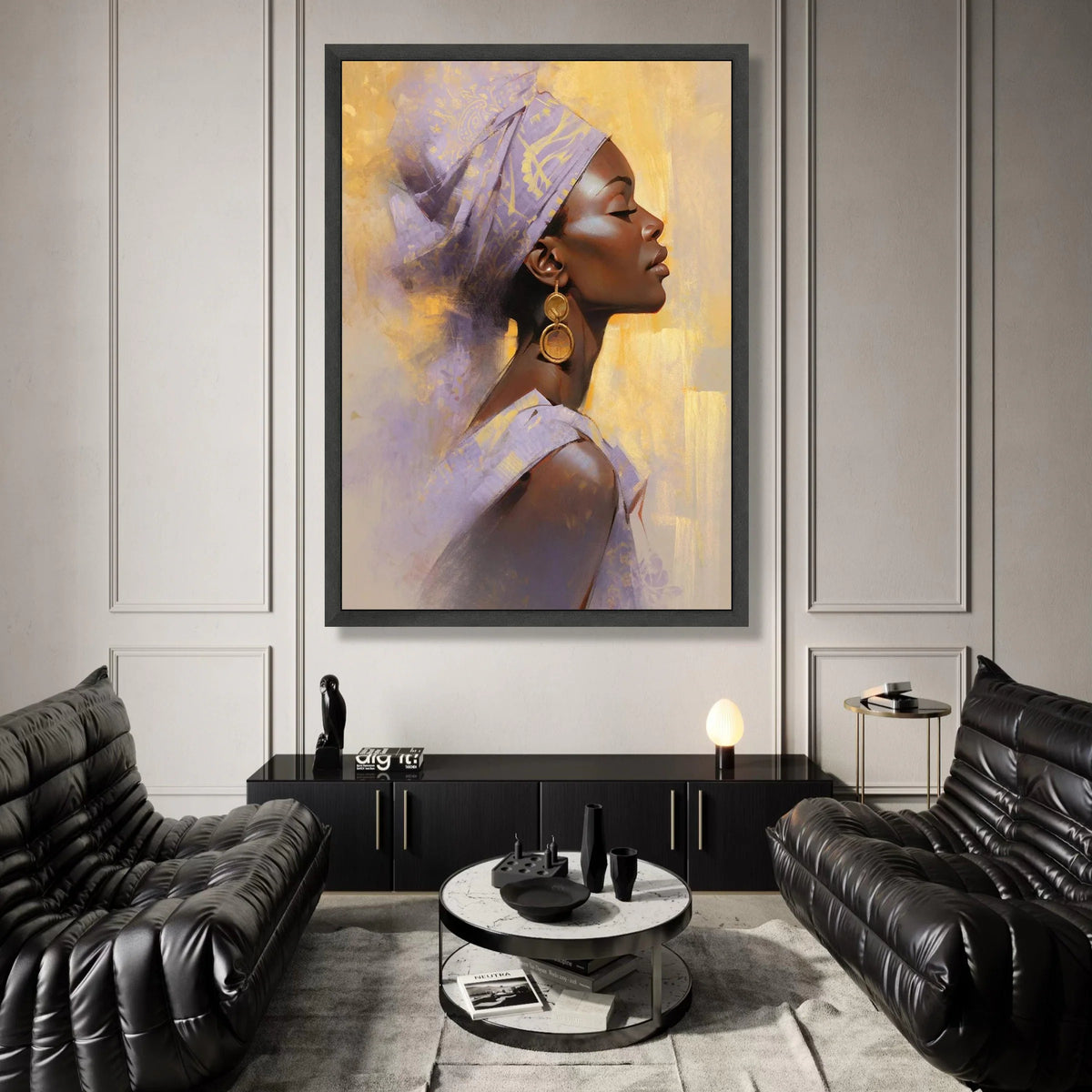 Elegant African Woman Profile Canvas, Ethnic Headwrap Art, Golden Earrings Portrait, Contemporary Wall Decoration, Modern Canvas Print Art