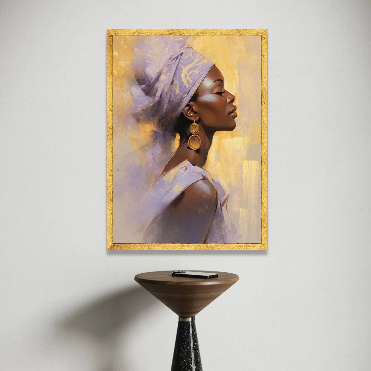 Elegant African Woman Profile Canvas, Ethnic Headwrap Art, Golden Earrings Portrait, Contemporary Wall Decoration, Modern Canvas Print Art