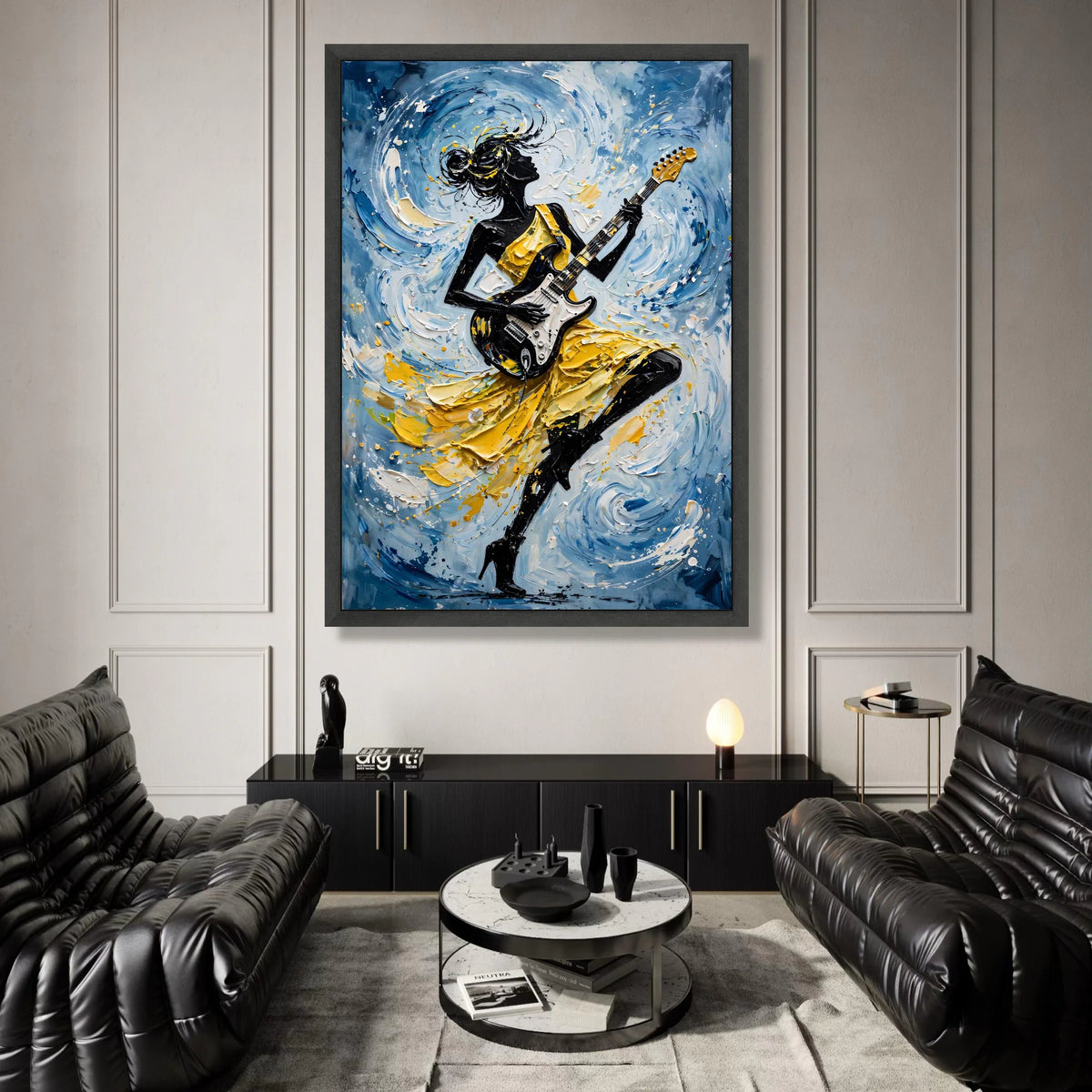 Dynamic Female Guitarist Canvas Wall Art, Abstract Music Lover Decor, Yellow Dress Silhouette, Modern Rhythm Painting, Canvas Print Art