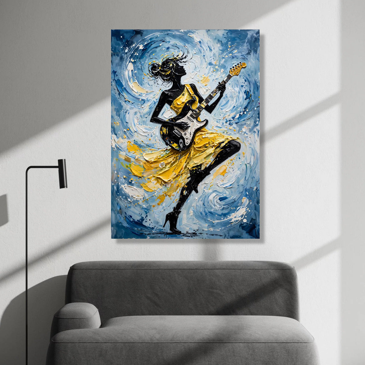 Dynamic Female Guitarist Canvas Wall Art, Abstract Music Lover Decor, Yellow Dress Silhouette, Modern Rhythm Painting, Canvas Print Art