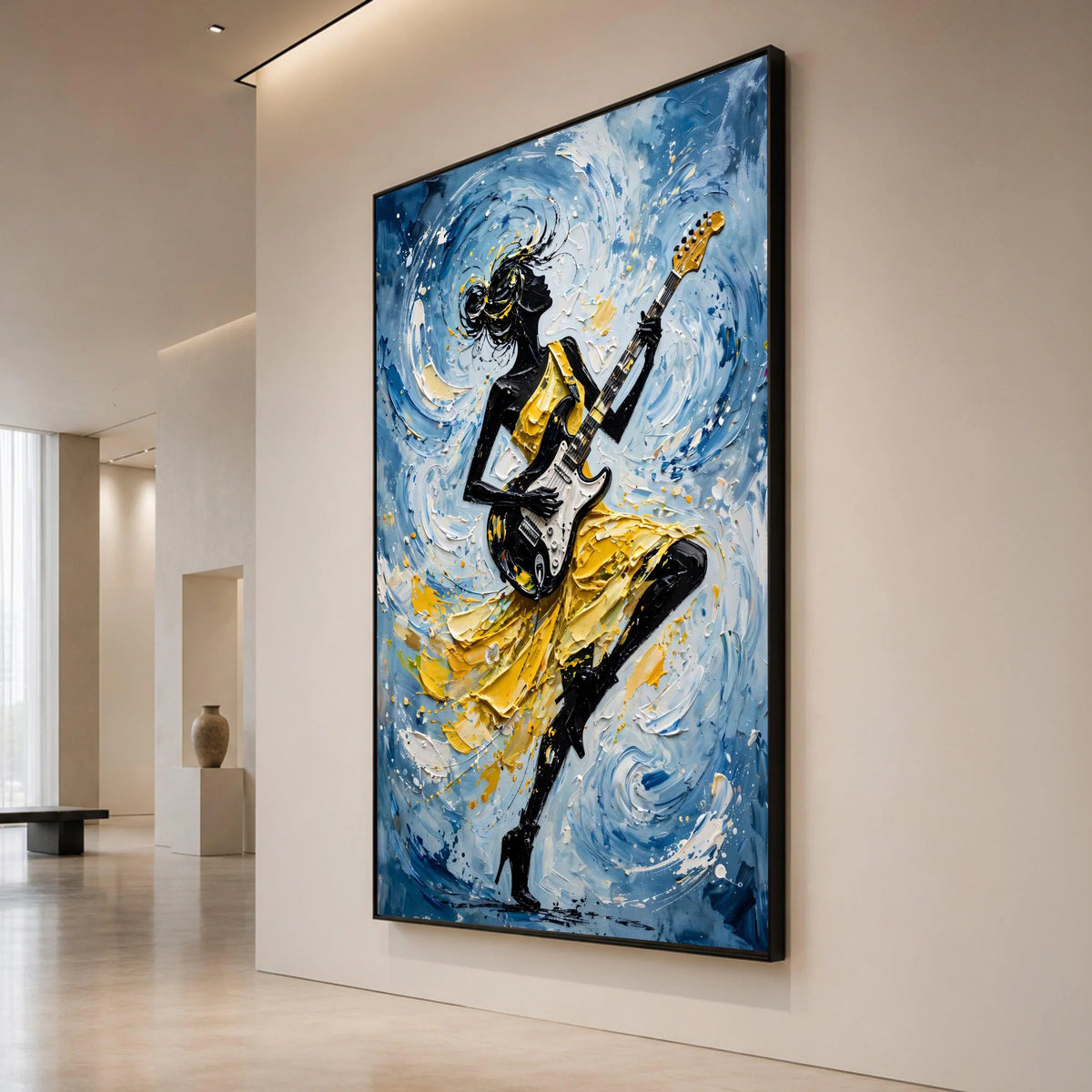 Dynamic Female Guitarist Canvas Wall Art, Abstract Music Lover Decor, Yellow Dress Silhouette, Modern Rhythm Painting, Canvas Print Art