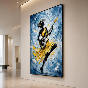 Dynamic Female Guitarist Canvas Wall Art, Abstract Music Lover Decor, Yellow Dress Silhouette, Modern Rhythm Painting, Canvas Print Art