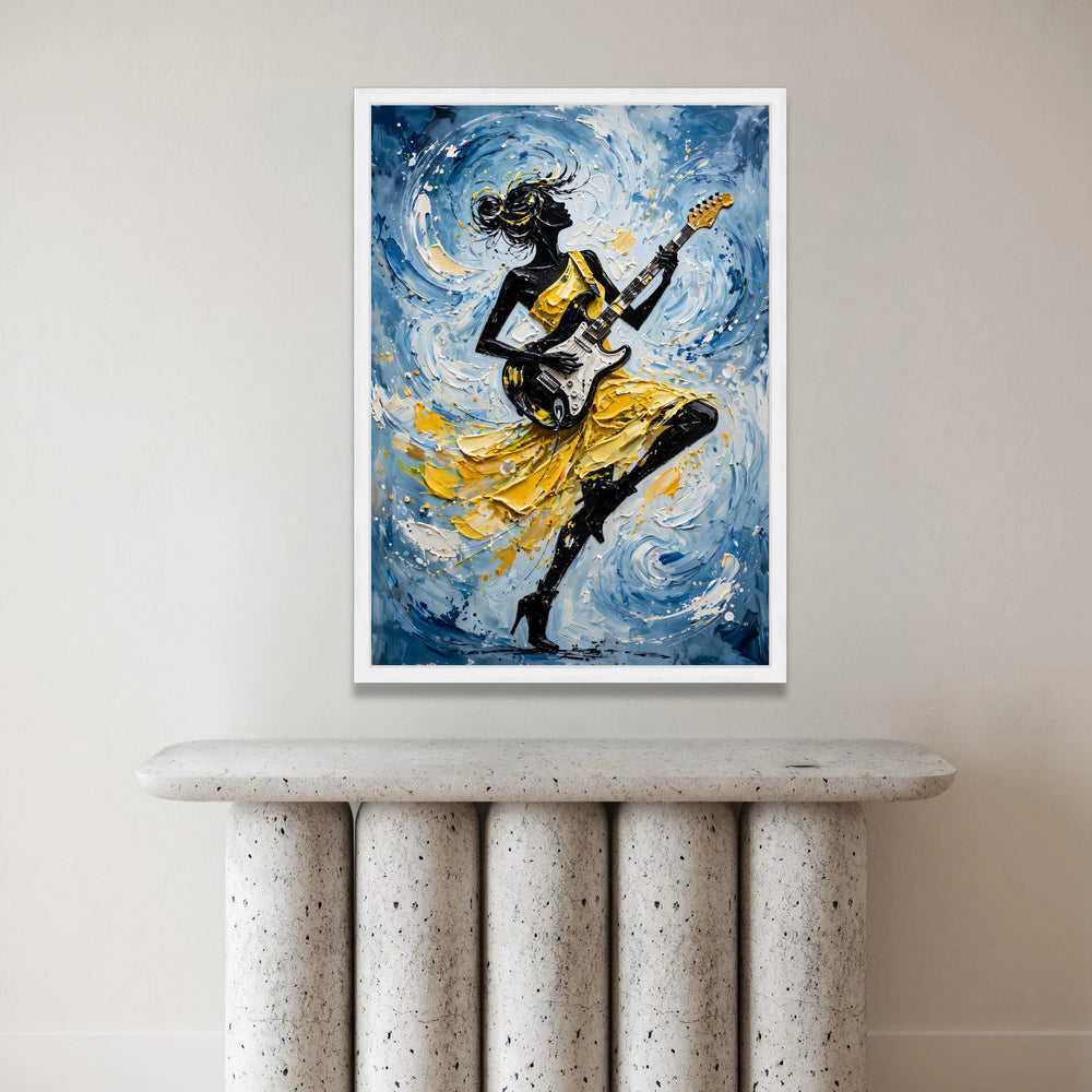 Dynamic Female Guitarist Canvas Wall Art, Abstract Music Lover Decor, Yellow Dress Silhouette, Modern Rhythm Painting, Canvas Print Art