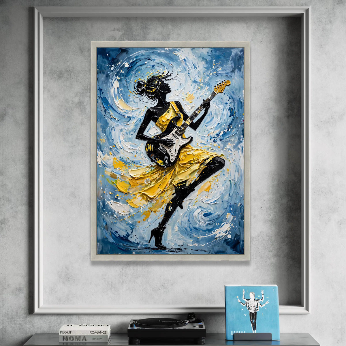 Dynamic Female Guitarist Canvas Wall Art, Abstract Music Lover Decor, Yellow Dress Silhouette, Modern Rhythm Painting, Canvas Print Art