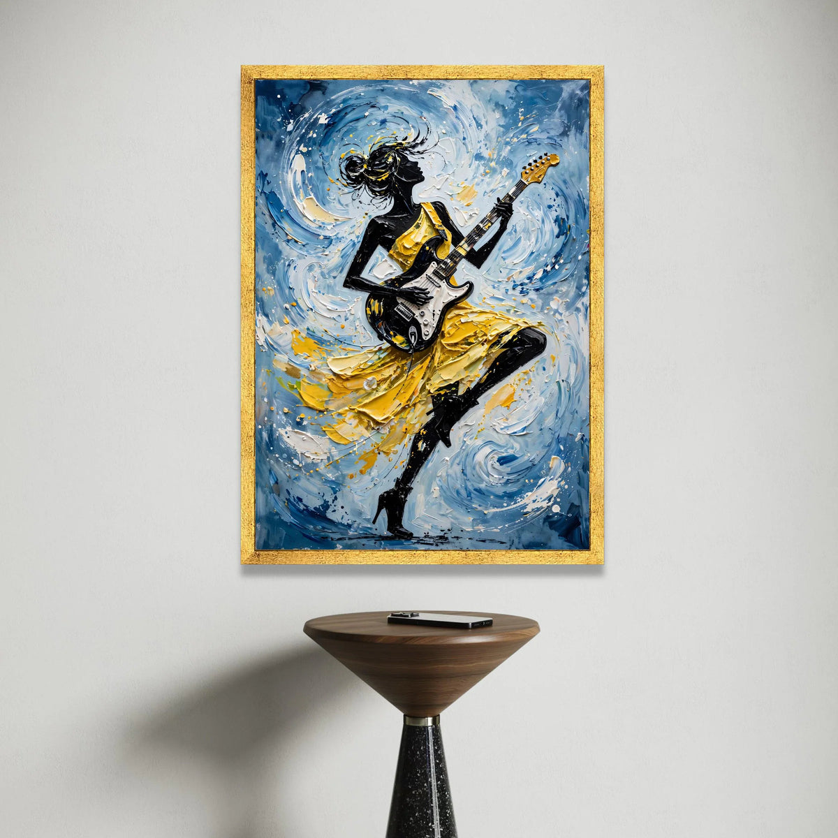 Dynamic Female Guitarist Canvas Wall Art, Abstract Music Lover Decor, Yellow Dress Silhouette, Modern Rhythm Painting, Canvas Print Art