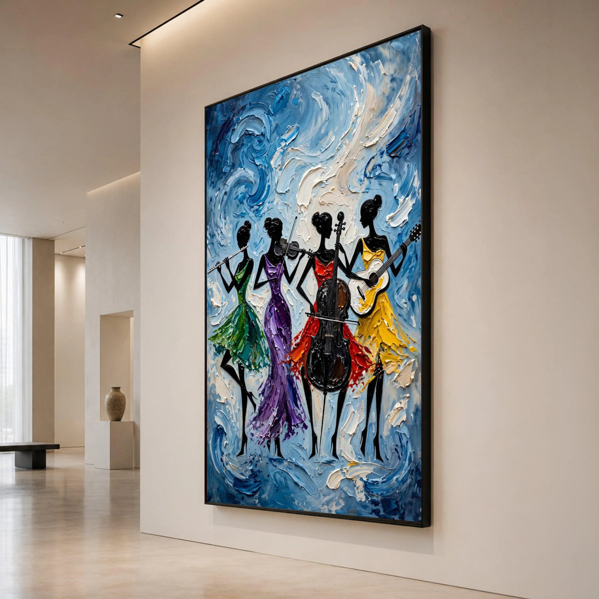 Elegant Female Quartet Canvas, Musical Instrument Art, Colorful Dress Silhouettes, Abstract Music Wall Decor, Living Room Canvas Print Art