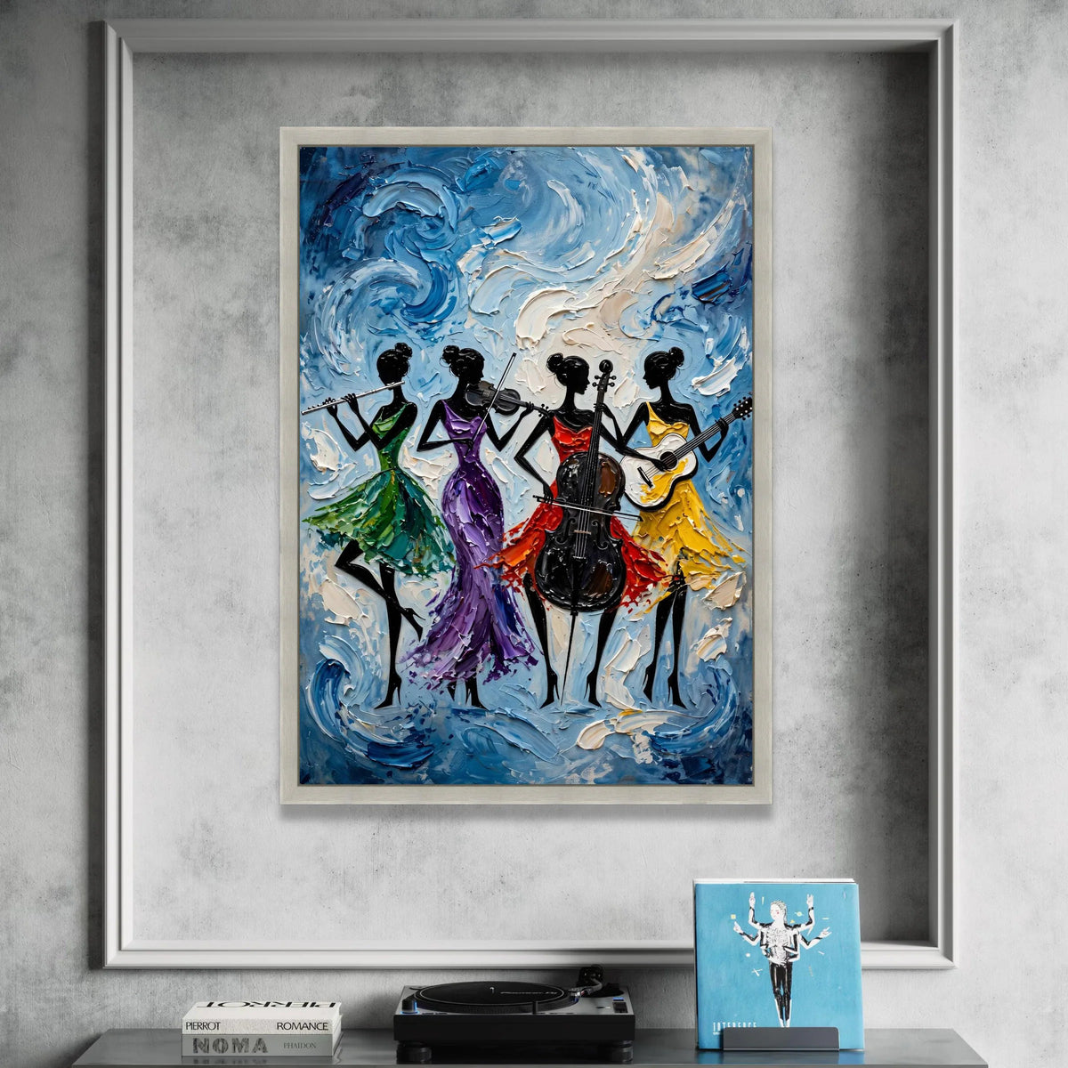Elegant Female Quartet Canvas, Musical Instrument Art, Colorful Dress Silhouettes, Abstract Music Wall Decor, Living Room Canvas Print Art